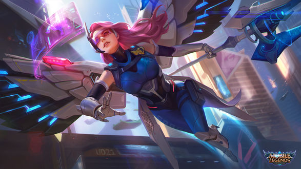 Обои на рабочий стол Девушки-воин с крыльями летит по городу, арт к игре Mobile Legends, by arc noir