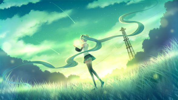 Обои на рабочий стол Vocaloid Hatsune Miku / Вокалоид Хатсунэ Мику со светящимся шаром над ладонями, art by Sakakidani