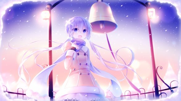 Обои на рабочий стол Vocaloid Yuzuki Yukari / Вокалоид Юзуки Юкари на фоне колокола и светящихся ламп, art by Sakakidani