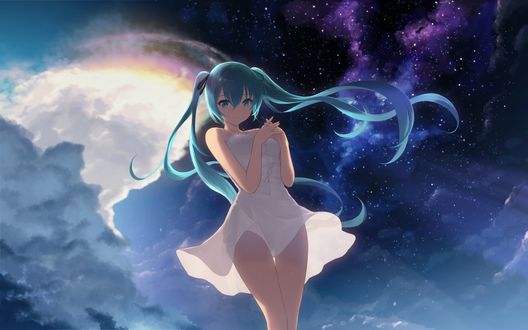 Обои на рабочий стол Vocaloid Hatsune Miku / Вокалоид Хатсунэ Мику в белом платье на фоне ночного неба, art by Cait
