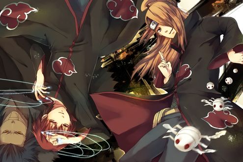 Обои на рабочий стол Дейдара / Deidara со взрывчаткой и Сасори / Sasori с марионеткой из аниме Наруто / Naruto
