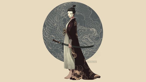 Обои на рабочий стол Самурай с катаной на фоне рисунка дракона в круге, by Mona Finden