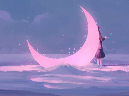 Обои на рабочий стол Девочка стоит у месяца, by MORNCOLOUR