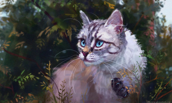 Обои на рабочий стол Кошка сидит на дереве, by Meorow