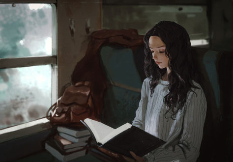 Обои на рабочий стол Девушка с книгой сидит в поезде, by Rui Li