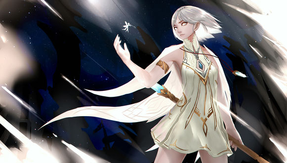 Обои на рабочий стол Lux, Lady of Luminosity / Люкс, Леди Свечения смотрит на эльфа, арт к игре League of Legends / Лига Легенд, by DAHEIZHU