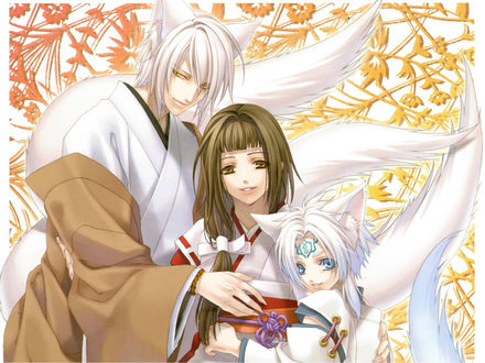 Обои на рабочий стол Takuma Onizaki, Тамаки Касуга / Tamaki Kasuga и О-Тян / O-chan из аниме Багровые осколки / Hiiro no Kakera, by Yone Kazuki