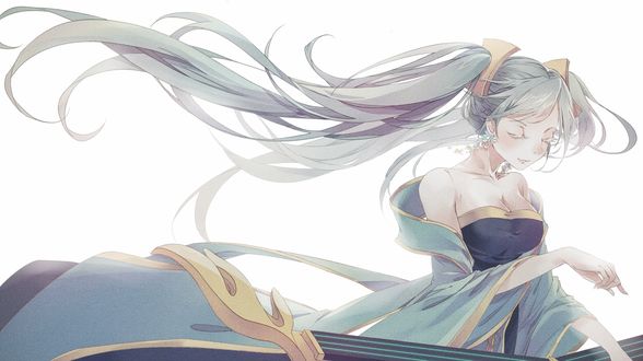 Обои на рабочий стол Vocaloid Hatsune Miku / вокалоид Хатсуне Мику играет на гуцине