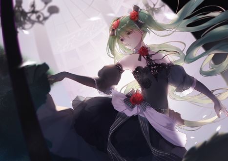 Обои на рабочий стол Vocaloid Hatsune Miku / Вокалоид Хатсуне Мику в бальном платье с красными розами в волосах, by Slyvia