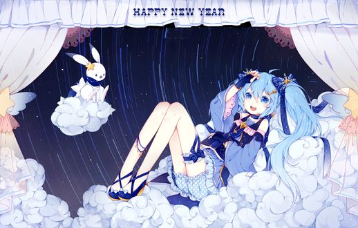 Обои на рабочий стол Vocaloid Hatsune Miku / вокалоид Хатсуне Мику и белый кролик в облаках, happy new year
