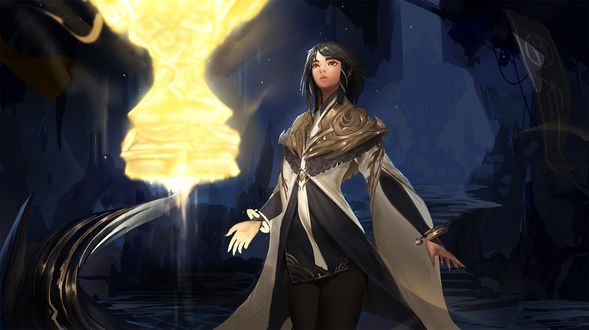 Обои на рабочий стол Taliyah / Талия смотрит на горящий кубок, стоя в пещере, арт к игре League of Legends / Лига Легенд, by DAHEIZHU