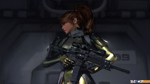 Обои на рабочий стол Девушка-солдат с автоматом, by HLZZ D