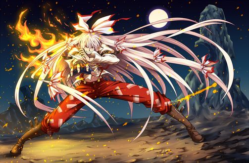 Обои на рабочий стол Fujiwara no Mokou / Фудзивара но Моко использует огненную магию из игры Проект Восток / Touhou Project