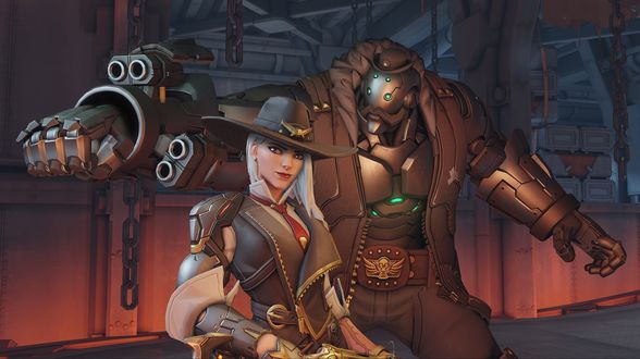Обои на рабочий стол Ashe and Bob / Эш и Боб из игры Overwatch / Дозор, by Renaud Galand