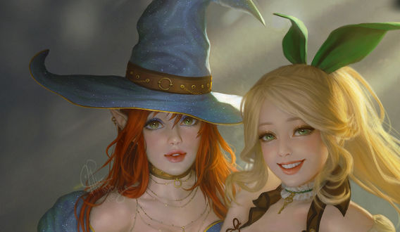 Обои на рабочий стол Фэнтезийные девушки Emerald and Arleyna / Эмеральд-Изумруд и Арлейна, by Ina Wong