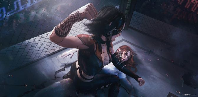Обои на рабочий стол Две кибер-девушки в бою на ринге, by tian zi