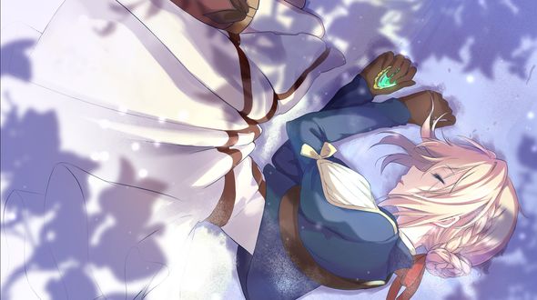 Обои на рабочий стол Violet Evergarden / Вайолет Эвергарден спит, зажав брошь в руке, из аниме Violet Evergarden