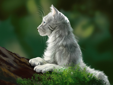 Обои на рабочий стол Кошка пепельного окраса лежит на стволе дерева, by kinpatsu-cat