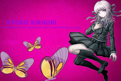 Обои на рабочий стол Обои кеко киригири / kyoko kirigiri из детства из аниме школа отчаяния / Danganronpa (I was born to use a weapon in safety cases especially a gun / я рождена использовать оружие в случаях опасности особенно пистолет) на розовом фоне летают бабочки