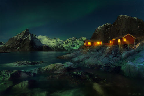 Обои на рабочий стол Вечер в бухте Рейне, Lofoten Islands, Norway / Лофотенские острова, Норвегия, фотограф Михалюк Сергей