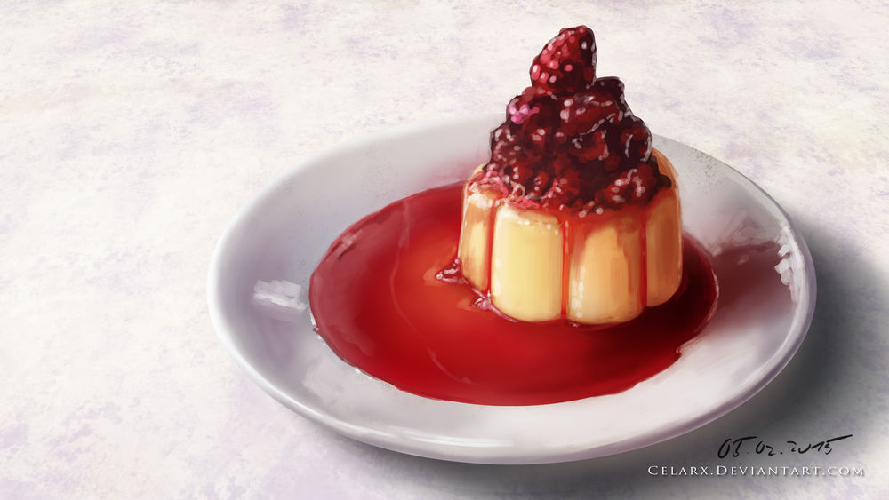 Обои для рабочего стола Десерт: ванильный пудинг с малиновым вареньем на тарелке, by Celarx