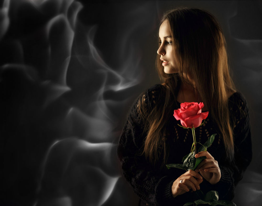 Обои для рабочего стола Девушка Даша с длинными волосами держит красную розу в руках, фотограф Сергей Сорокин