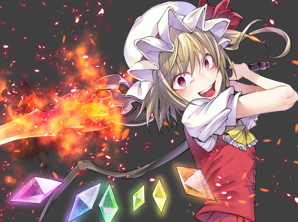 Обои для рабочего стола Радостная Flandre Scarlet / Фландре Скарлет с огненным мечом из серии компьютерных игр Touhou Project / Проект «Восток»
