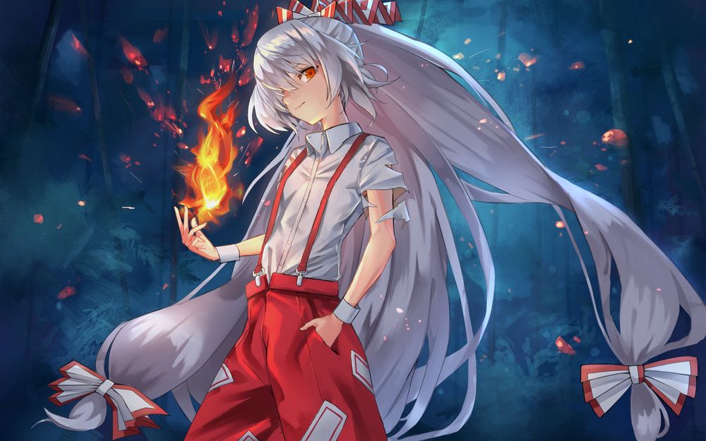 Обои для рабочего стола Фудзивара но Моко / Fujiwara no Mokou использует огненную магию из игры Проект Восток / Touhou Project