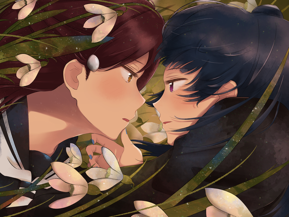 Обои для рабочего стола Персонажи Riko Sakurauchi и Yoshiko Tsushima лицом друг другу в окружении цветов из аниме Живая Любовь! Сияние / love Live Sunshine