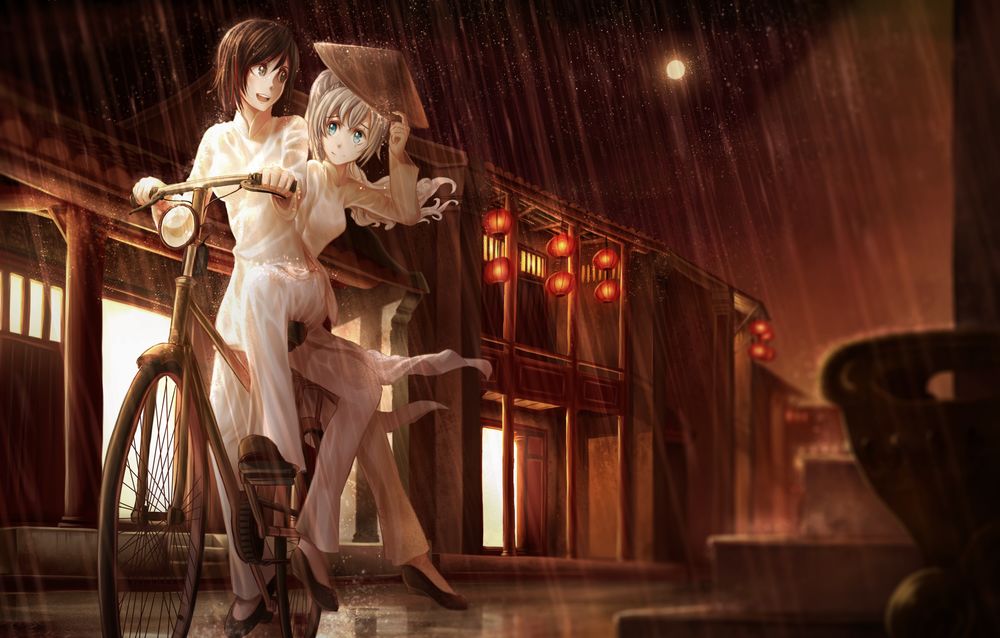 Обои для рабочего стола Ruby Rose / Руби Роуз и Weiss Shnee / Вайс Шни катаются под дождем на велосипеде из аниме RWBY / Красный, Белый, Черный, Желтый, art by Dishwasher1910