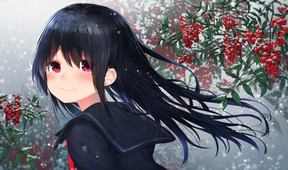 Anime girl with long black hair and red eyes