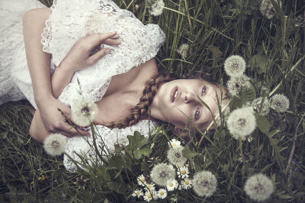 Обои для рабочего стола Модель Thinloth с отцветшим одуванчиком в руке. фотограф Dorota Gorecka