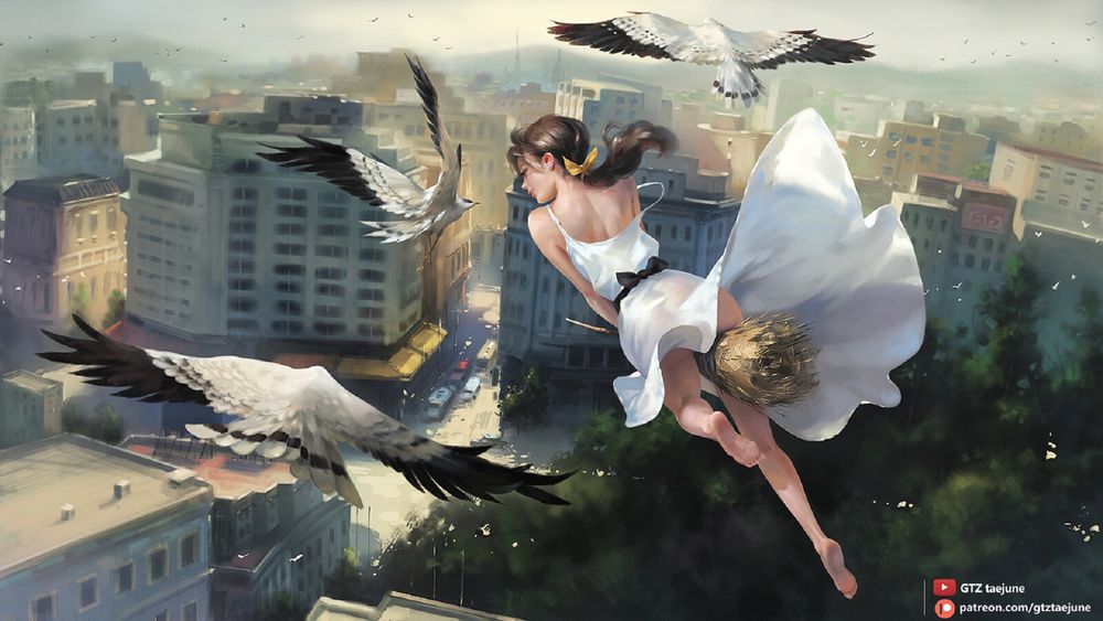 Обои для рабочего стола Девушка-ведьма в белом платье летит над городом на метле среди птиц, by Taejune Kim
