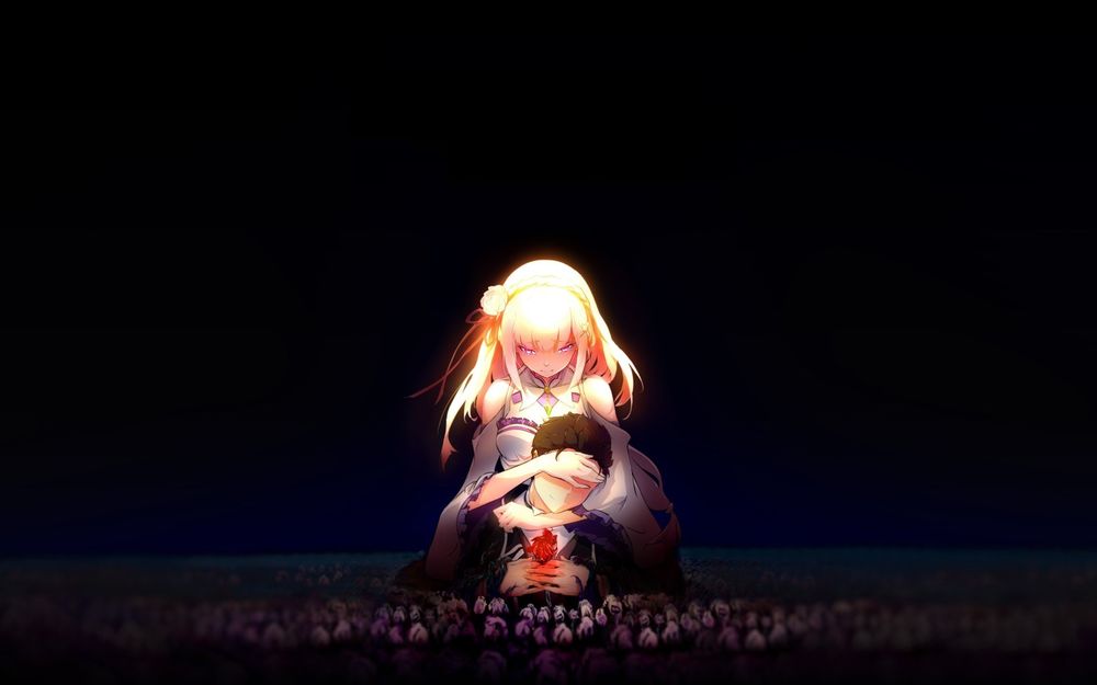Обои для рабочего стола Эмилия / Emilia и Natsuki Subaru из аниме Re: Жизнь в альтернативном мире с нуля / Re:Zero kara Hajimeru Isekai Seikatsu, by CryADsisAM