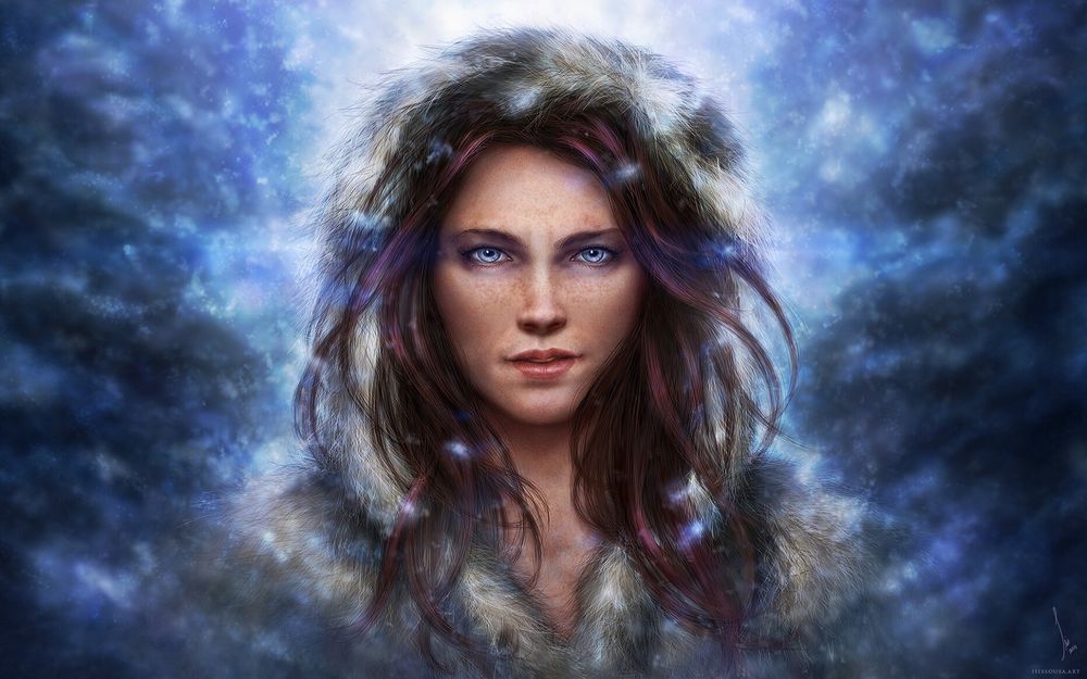 Обои для рабочего стола Голубоглазая девушка под падающим снегом, by Isis Sousa