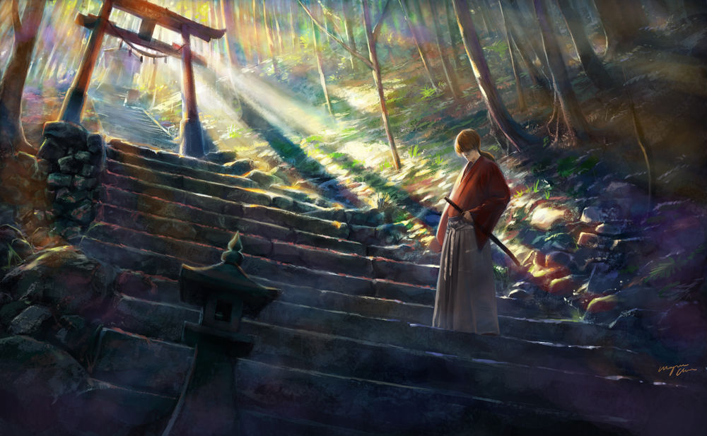 Обои для рабочего стола Himura Kenshin / Химура Кэнсин стоит на ступенях ведущих к храму, персонаж из манги и аниме Rurouni Kenshin / Бродяга Кэнсин, art by Wayne Chan