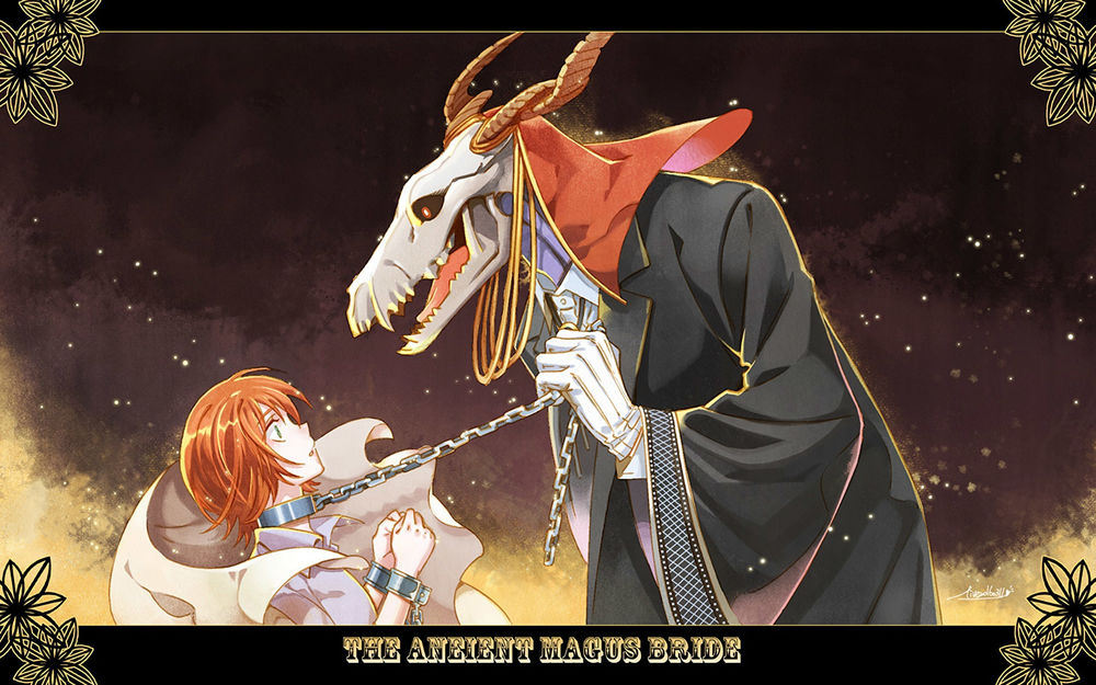 Обои для рабочего стола Элиас Эйнсворт / Elias Ainsworth держит Чисэ Хатори / Chise Hatori за цепь на ошейнике из аниме Невеста чародея / Mahoutsukai no Yome