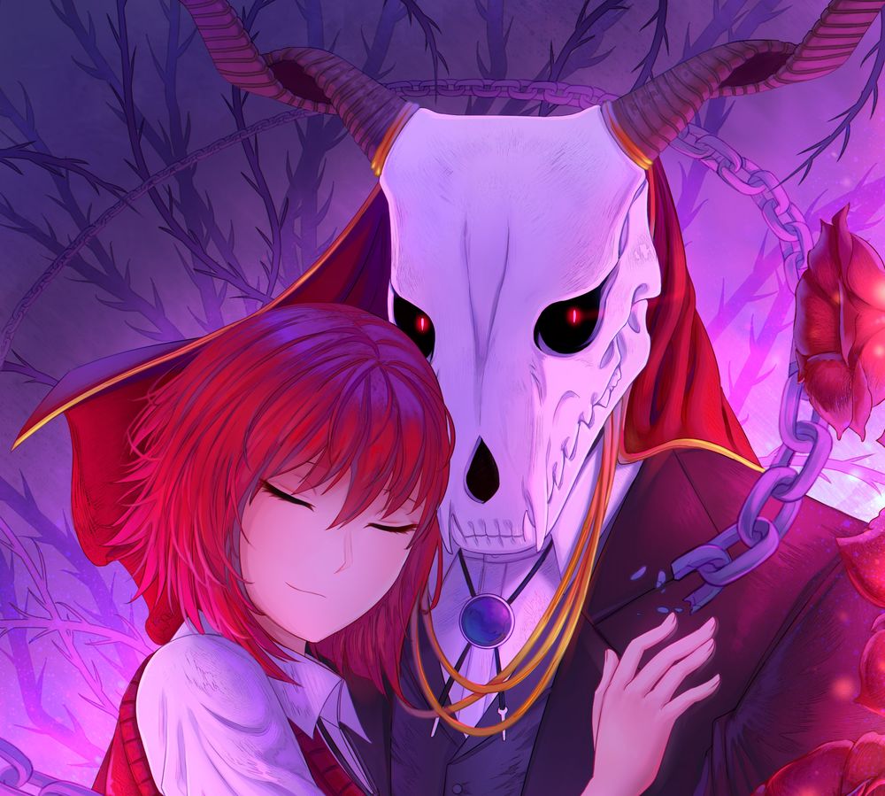 Обои на рабочий стол Чисэ Хатори / Chise Hatori обнимает Элиаса Эйнсворта /  Elias Ainsworth из аниме Невеста чародея / Mahoutsukai no Yome, обои для  рабочего стола, скачать обои, обои бесплатно