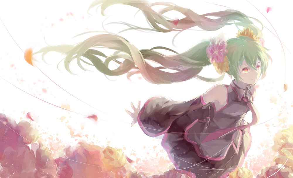 Обои для рабочего стола Vocaloid Hatsune Miku / Вокалоид Хатсунэ Мику с цветами в волосах