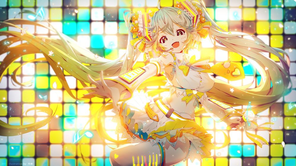 Обои для рабочего стола Vocaloid Hatsune Miku / вокалоид Хатсунэ Мику поет, сидя на фоне из разноцветных квадратиков, by Lengchan