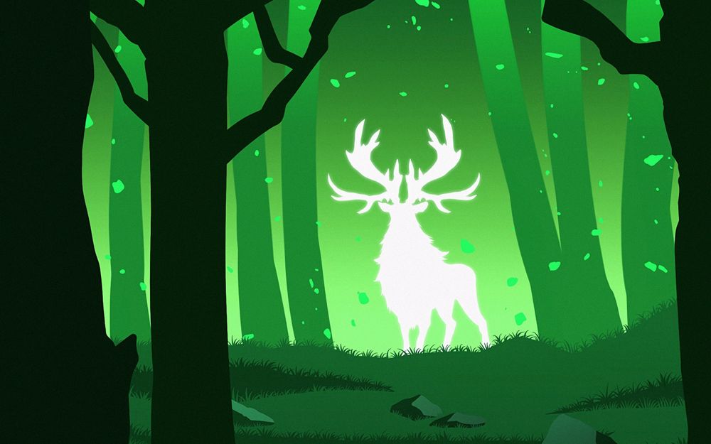 Обои для рабочего стола Белый силуэт фантастического оленя в лесу, art by Marcin Ogarek