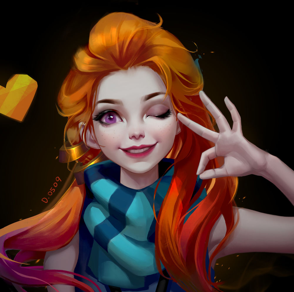 Обои для рабочего стола LOL-ZOE, подмигивающая и показывающая знак рукой девушка, by Jingwen Lin