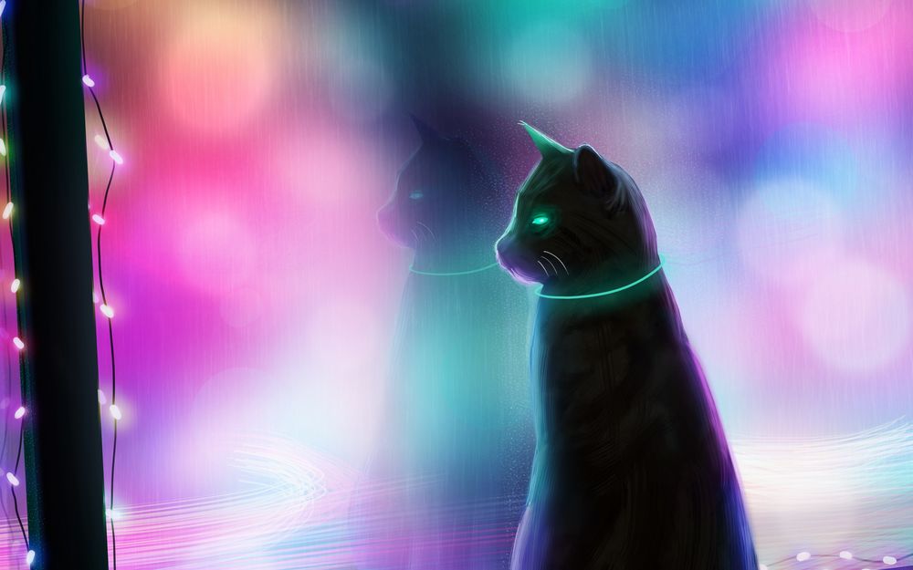 Обои для рабочего стола Черная кошка смотрит на гирлянду, art by Rico De Zoysa