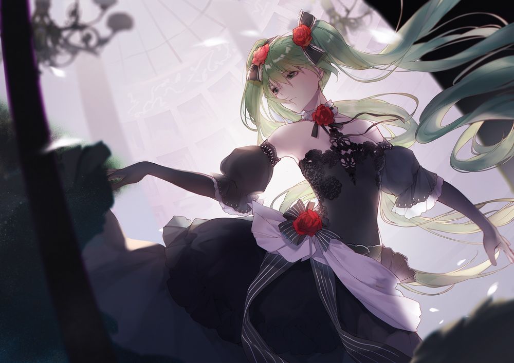 Обои для рабочего стола Vocaloid Hatsune Miku / Вокалоид Хатсуне Мику в бальном платье с красными розами в волосах, by Slyvia