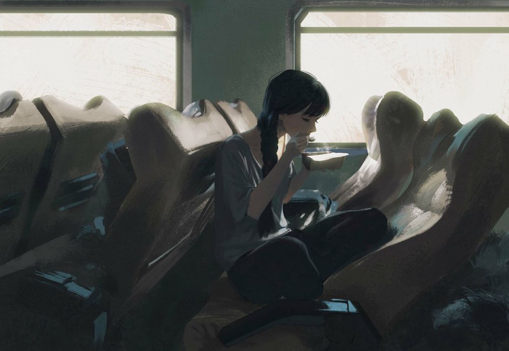 Обои для рабочего стола Девушка кушает в поезде, by Rui Li