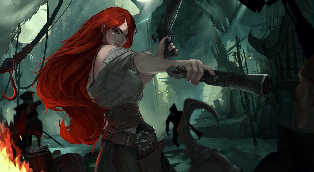Обои для рабочего стола Miss Fortune / Мисс Фортуна, арт к игре League of Legends / Лига Легенд, by DAHEIZHU
