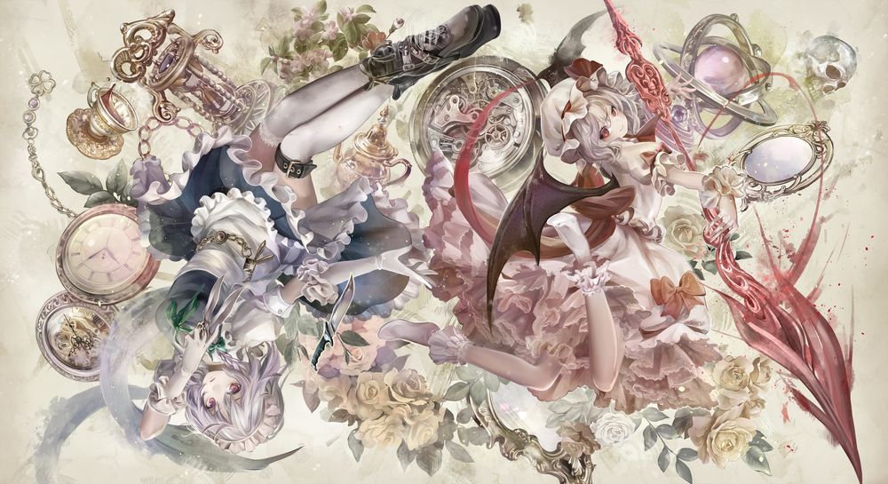Обои для рабочего стола Remilia Scarlet / Ремилия Скарлет и Izayoi Sakuya / Сакуя Изаеи в окружении разных предметов, из серии компьютерных игр Проект Восток / Touhou Project