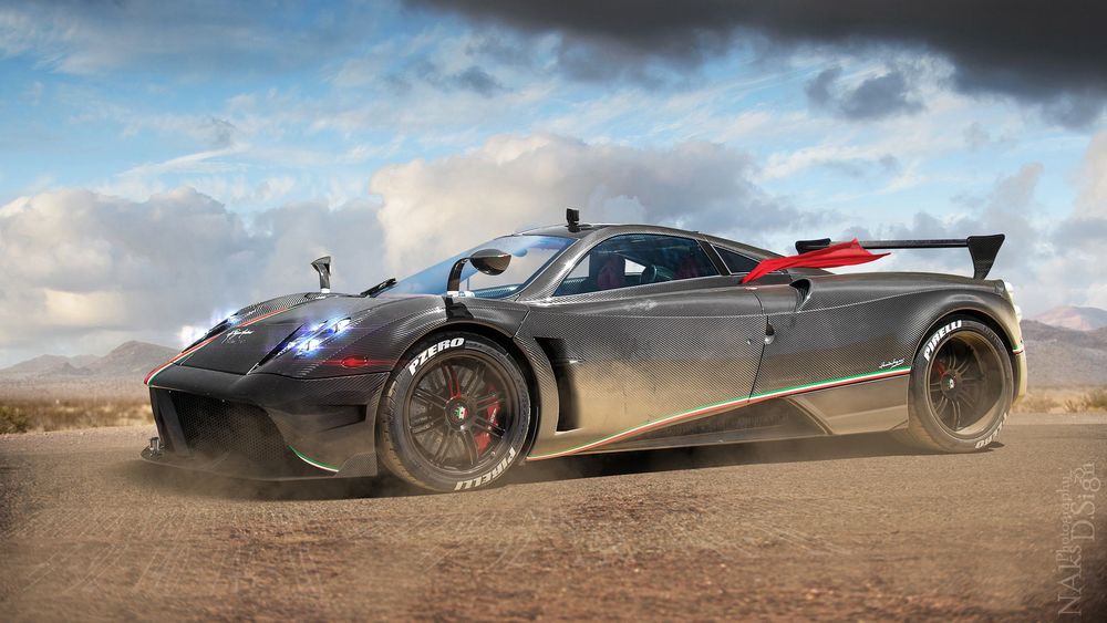 Обои для рабочего стола Авто Pagani Huayra BC стоит посреди песчаной насыпи, 2016 год