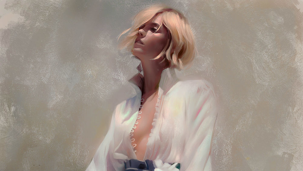 Обои для рабочего стола Девушка в расстегнутой блузе, by Justine Florentino