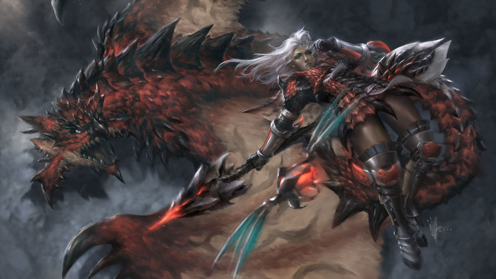 Обои для рабочего стола Девушка-Monster Hunter / Охотник на монстров и дракон, by Isuardi Therianto